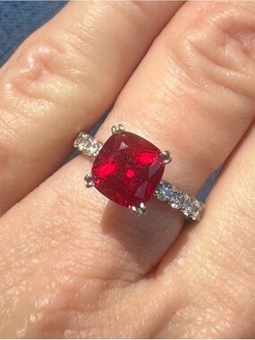 3.06ct Ruby Ring 14k White Gold|0.5ctw Diamond Band|Cushion Cut|Red Chatham Ruby